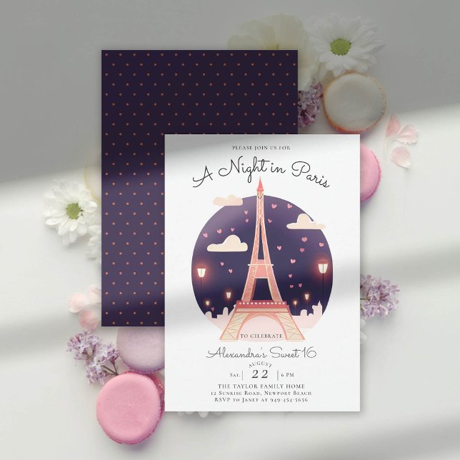Paris Eiffelturm Night Pink Hearts Niedlich Sweet  Einladung (a night in paris sweet 16 illustration whimsical eiffel tower pink hearts lights love amour elegant )