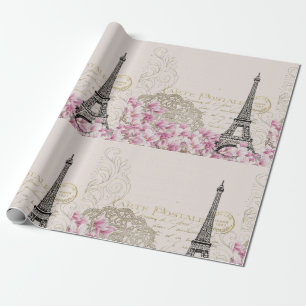 Paris Eiffelturm Quadrat Vintage rosa Rosen Kunst Geschenkpapier