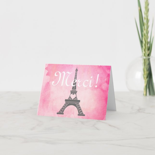 Paris-Eiffelturm-Rosa-Aquarell danken Ihnen Merci Dankeskarte (Vorderseite)
