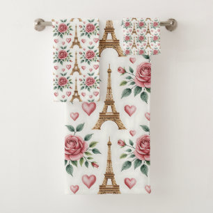 Paris Eiffelturm rosa Rosen stilvoll chic Dekor Badhandtuch Set