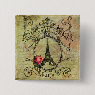 Paris Eiffelturm & rote Rose Steampunk Button