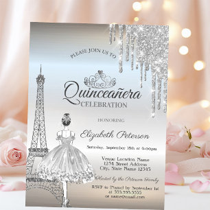 Paris Eiffelturm, Tropfen, Ballerina Quinceañera  Einladung