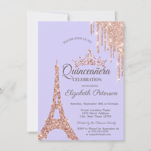 Paris Eiffelturm, Tropfen Lavander Quinceñera Einladung (Vorderseite)