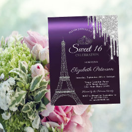 Paris Eiffelturm, Tropfen, Lila Metallic Sweet 16 Einladung