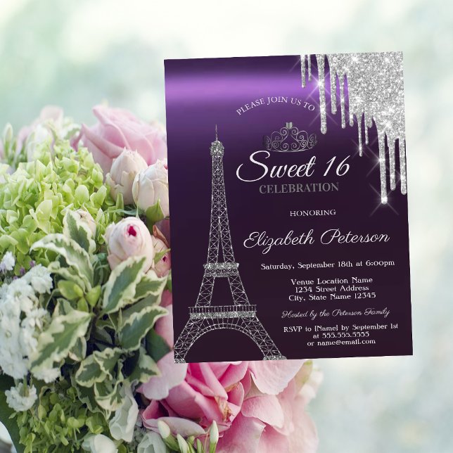 Paris Eiffelturm, Tropfen, Lila Metallic Sweet 16 Einladung (Von Creator hochgeladen)