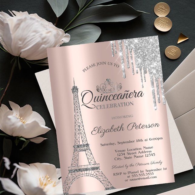 Paris Eiffelturm, Tropfen Rose Gold Quinceañera Einladung (Von Creator hochgeladen)