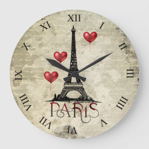 Paris, Eiffelturm und Red Heart Balloons Script Große Wanduhr