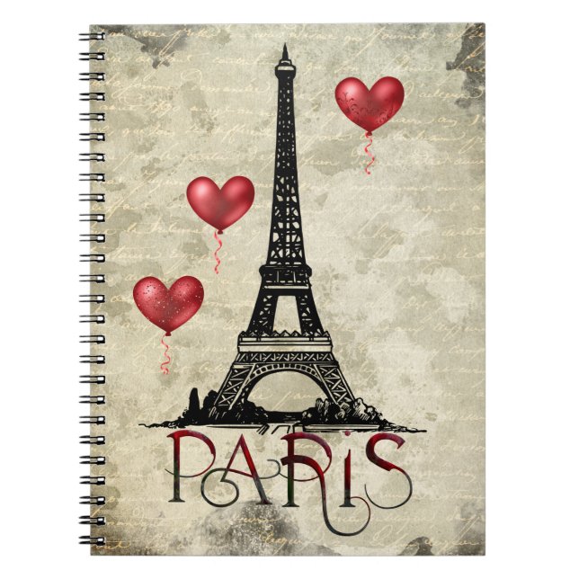 Paris, Eiffelturm und Red Heart Balloons Script Notizblock (Vorderseite)