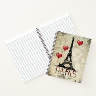 Paris, Eiffelturm und Red Heart Balloons Script Notizbuch
