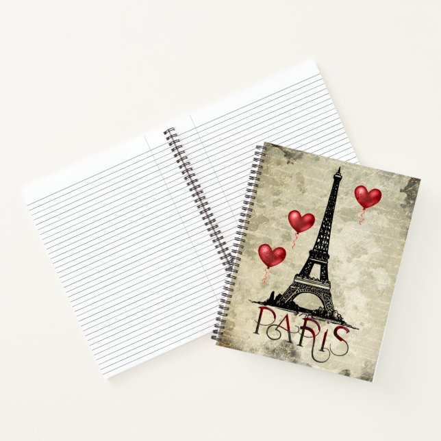 Paris, Eiffelturm und Red Heart Balloons Script Notizbuch (Innenseite)