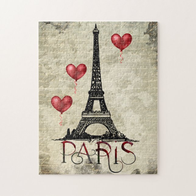 Paris, Eiffelturm und Red Heart Balloons Script Puzzle (Vertikal)