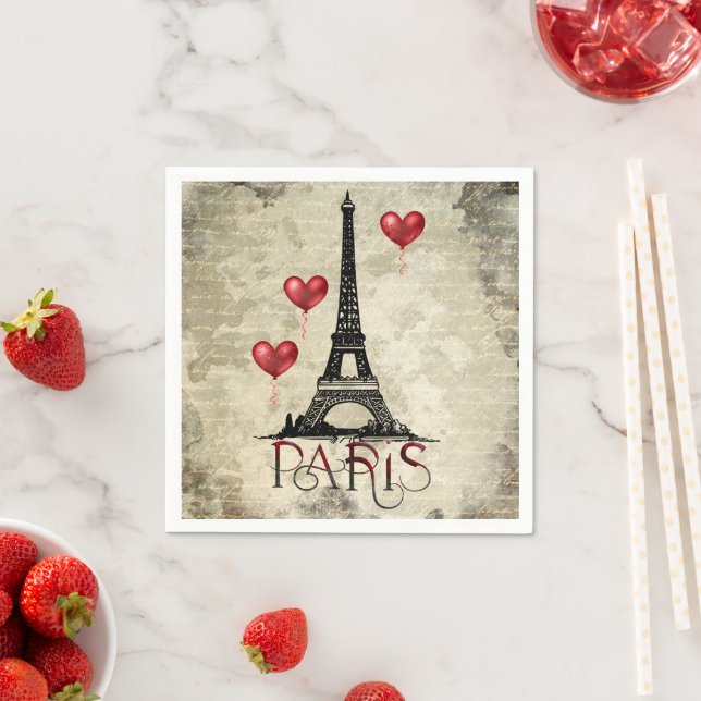 Paris, Eiffelturm und Red Heart Balloons Script Serviette (Beispiel)
