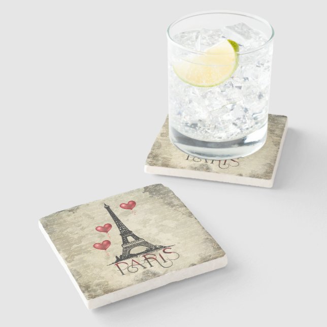 Paris, Eiffelturm und Red Heart Balloons Script Steinuntersetzer (Seitenansicht)