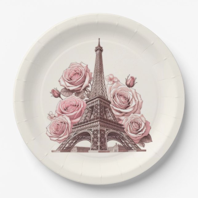 Paris Eiffelturm und rosa Rosen Pappteller (Vorderseite)