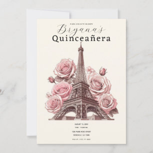 Paris Eiffelturm und rosa Rosen Quinceañera Einladung