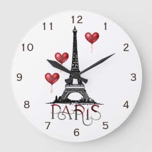 Paris, Eiffelturm und rote Herzballons Große Wanduhr