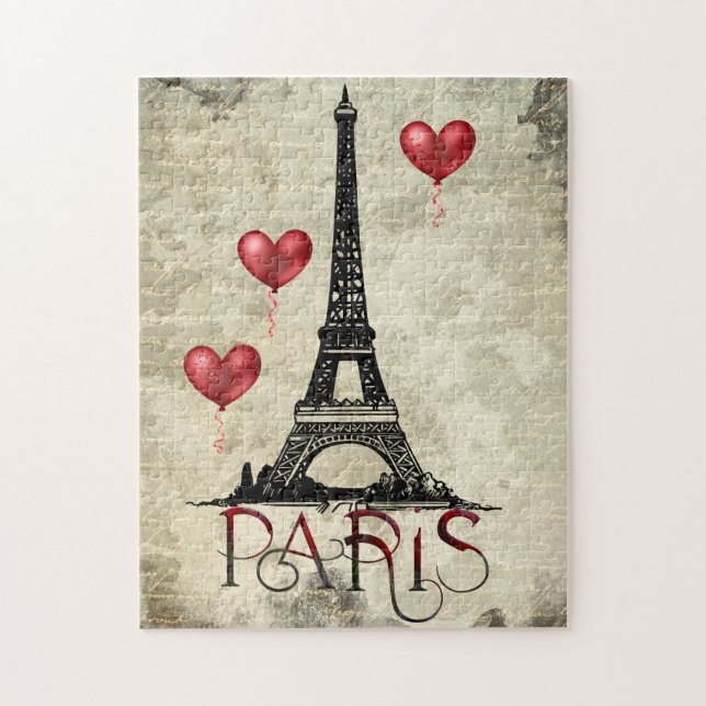 Paris, Eiffelturm und rote Herzballons Skript Puzzle (Vertikal)