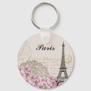 Paris Eiffelturm Vintage rosa Blumen Schlüsselanhänger