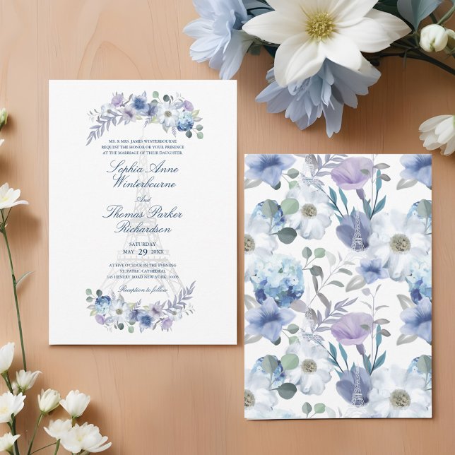 Paris Eiffelturm Wasserfarbenflorale Weiße Hochzei Einladung (Paris Eiffel Tower Watercolor Floral White Wedding Invitation)