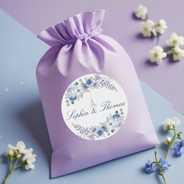 Paris Eiffelturm Wasserfarbenflorale Weiße Hochzei Runder Aufkleber (Paris Eiffel Tower Watercolor Floral White Wedding Classic Round Sticker)