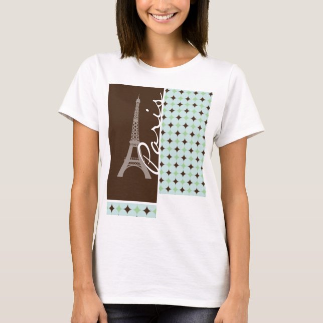 Paris; Eiffelturm; Weises Grün u. Brown T-Shirt (Vorderseite)