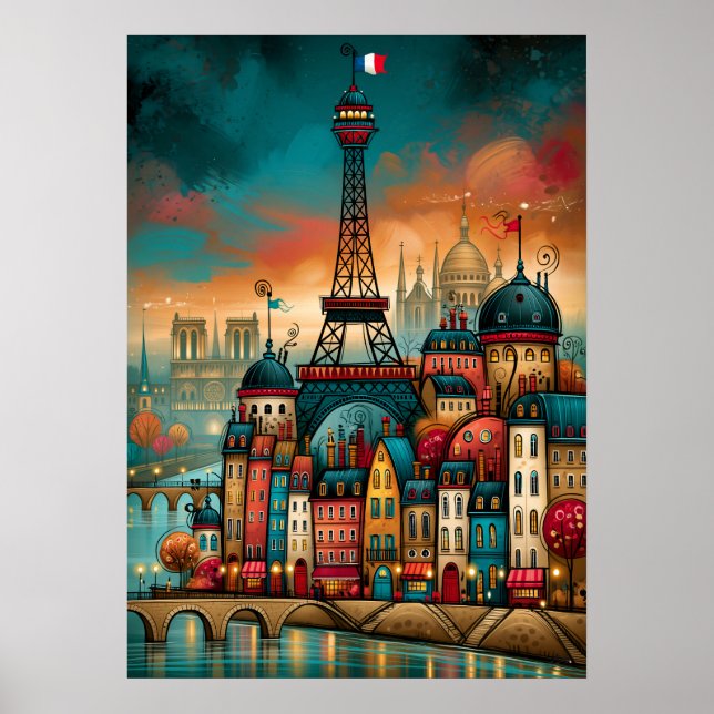 Paris Eiffelturm Whimsical Stadtansicht Poster (Vorne)