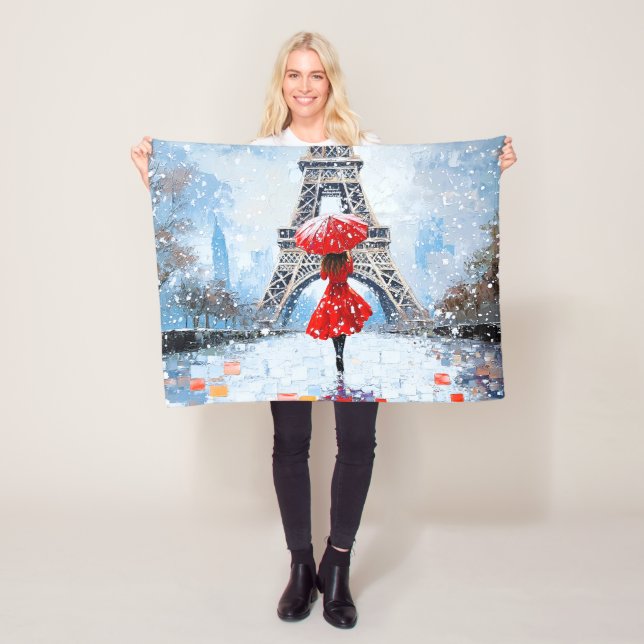Paris Eiffelturm Winterromantik roter Schirm  Fleecedecke (Beispiel)