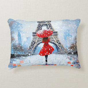 Paris Eiffelturm Winterromanze roter Regenschirm Dekokissen