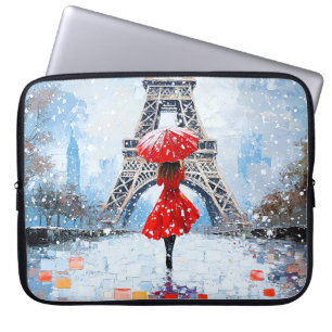 Paris Eiffelturm Winterromanze roter Regenschirm  Laptopschutzhülle