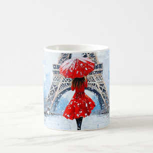 Paris Eiffelturm Winterromanze roter Schirm Kaffeetasse