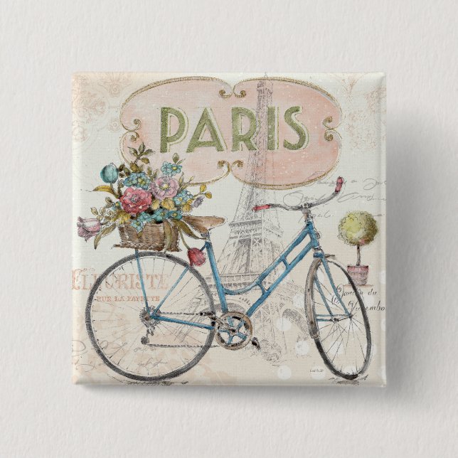Paris-Fahrrad mit Blumen Button (Vorderseite)