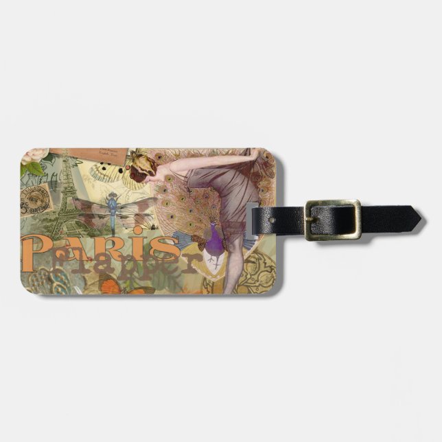Paris Flapper Art Deco Pfau Vintage Gepäckanhänger (Vorderseite horizontal)