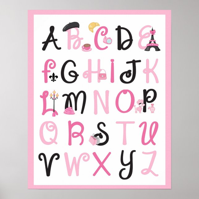 Paris France Alphabet A to Z on Light Pink Poster (Vorne)