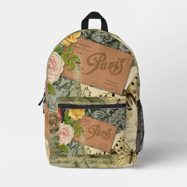 Paris France Antique Artwork Collage Eiffel Franzö Bedruckter Rucksack (Vorderseite)