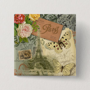 Paris France Antique Artwork Collage Eiffel Franzö Button