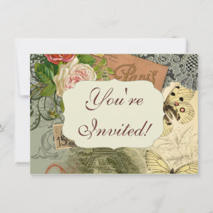 Paris France Antique Artwork Collage Eiffel Franzö Einladung