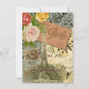 Paris France Antique Artwork Collage Eiffel Franzö Einladung