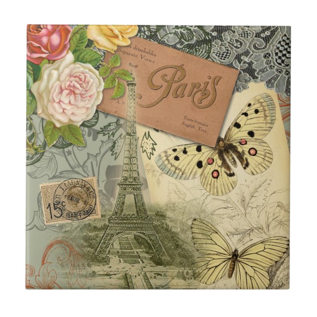 Paris France Antique Artwork Collage Eiffel Franzö Fliese (Vorderseite)