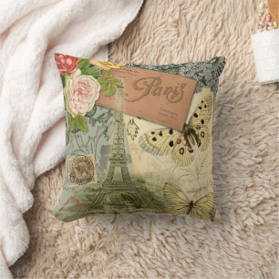 Paris France Antique Artwork Collage Eiffel Franzö Kissen