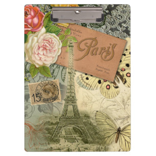 Paris France Antique Artwork Collage Eiffel Franzö Klemmbrett