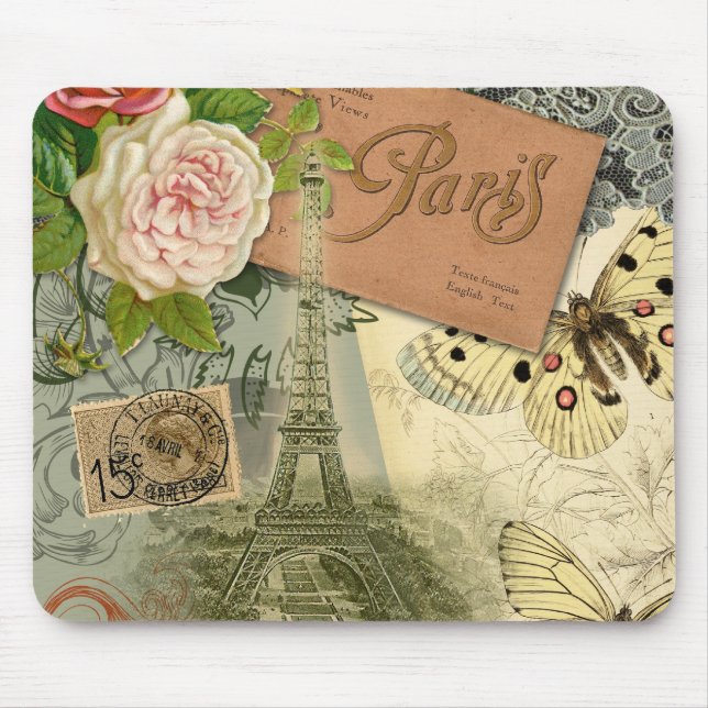 Paris France Antique Artwork Collage Eiffel Franzö Mousepad (Vorne)