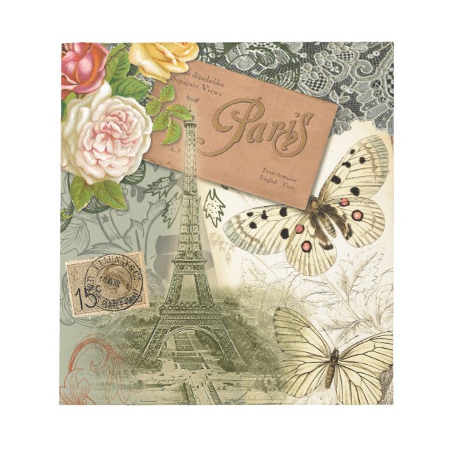 Paris France Antique Artwork Collage Eiffel Franzö Notizblock (Vorderseite)