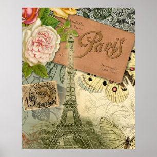 Paris France Antique Artwork Collage Eiffel Franzö Poster