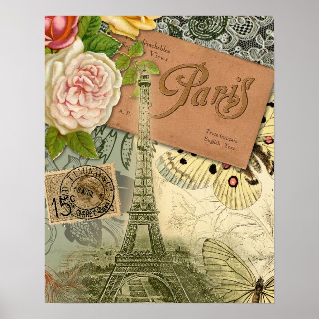 Paris France Antique Artwork Collage Eiffel Franzö Poster (Vorne)