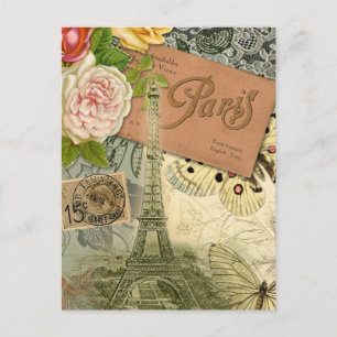 Paris France Antique Artwork Collage Eiffel Franzö Postkarte