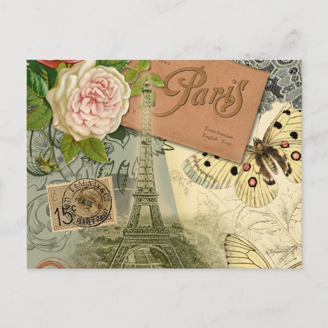 Paris France Antique Artwork Collage Eiffel Franzö Postkarte (Vorderseite)