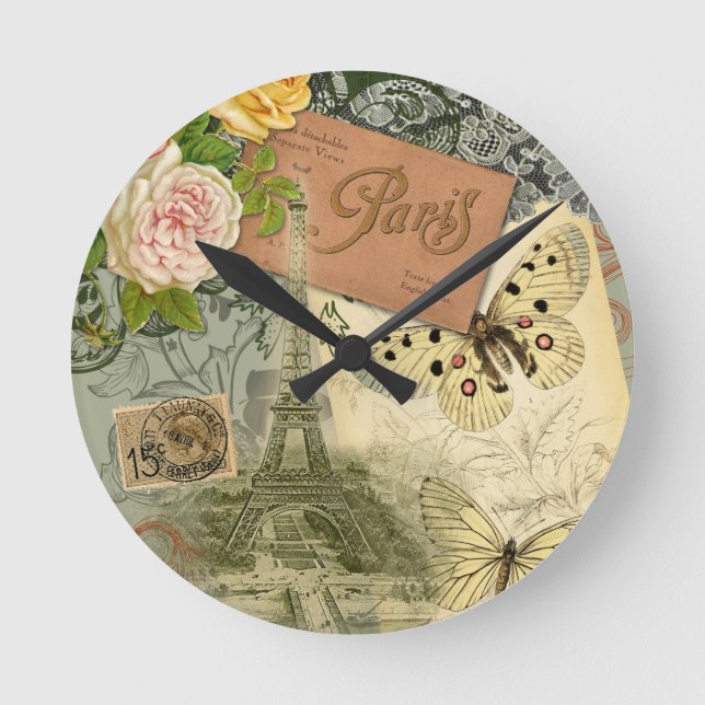 Paris France Antique Artwork Collage Eiffel Franzö Runde Wanduhr (Vorderseite)
