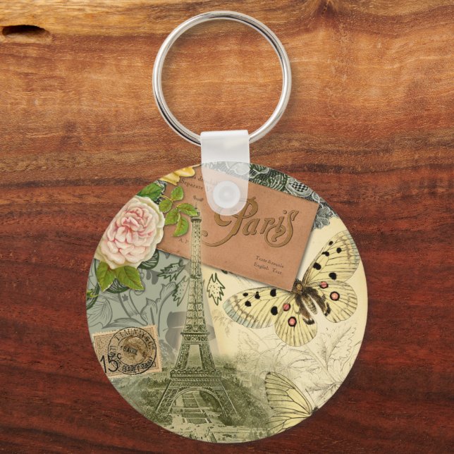 Paris France Antique Artwork Collage Eiffel Franzö Schlüsselanhänger (Vorderseite)