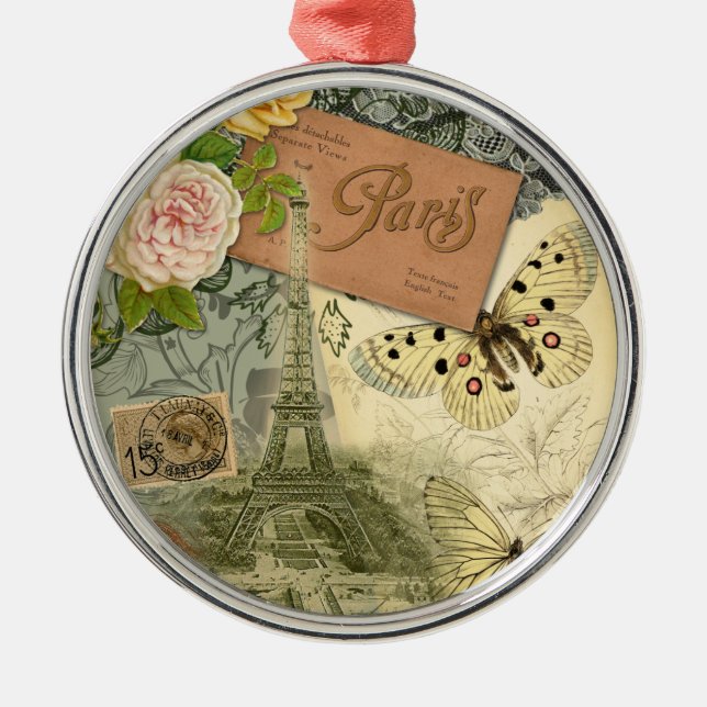 Paris France Antique Artwork Collage Eiffel Franzö Silbernes Ornament (Vorne)