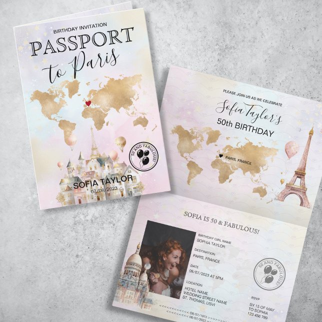 Paris France Birthday Passport - Karte (paris birthday passport invitation with pastel watercolor illustrations and gold world map)